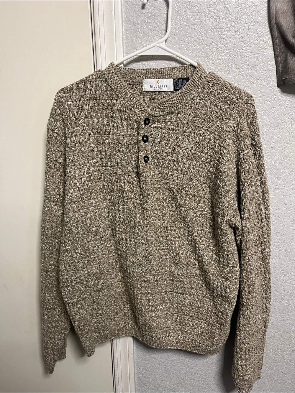bill blass Tan Crewneck Henley Sweater with Three-Button Placket